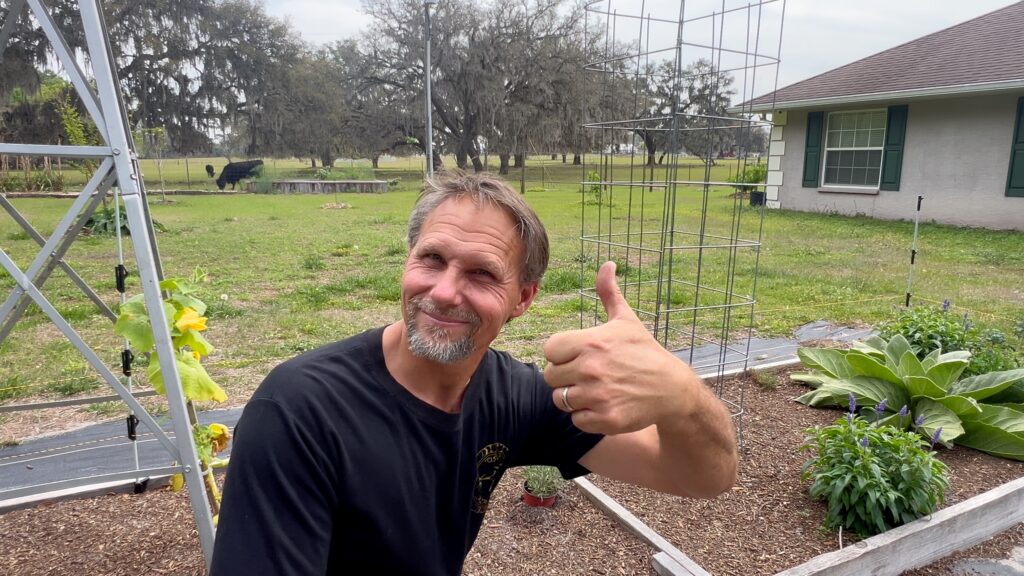 man giving the thumbs up on the tomato cage he just built