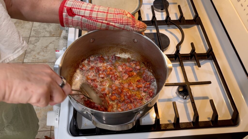 Setting the foundation for loaded potato soup by frying up the bacon low and slow for a crisp finish.