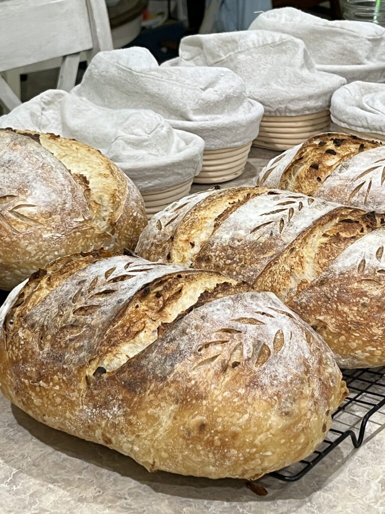 fresh baked sourdough loaves cooling